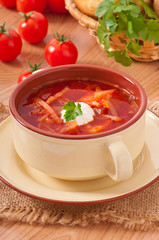 Ukrainian and russian national red soup-borsch closeup