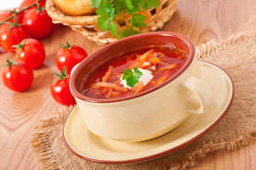 Ukrainian and russian national red soup-borsch closeup