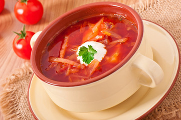 Ukrainian and russian national red soup-borsch closeup