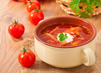 Ukrainian and russian national red soup-borsch closeup