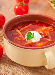 Ukrainian and russian national red soup-borsch closeup