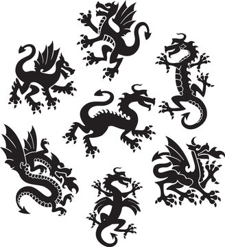 Series of medieval-styled dragon symbols