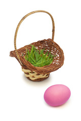 Fototapeta na wymiar Pink easter egg and basket with grass