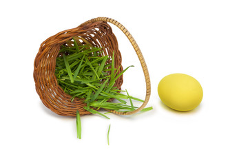 Yellow easter egg with a basket and grass