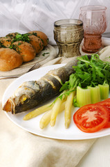 Fried Fish (Seabass) With Asparagus, Arugula And Tomato