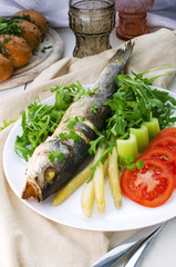 Fried Fish (Seabass) With Asparagus, Arugula And Tomato