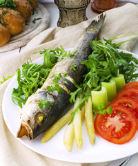 Fried Fish (Seabass) With Asparagus, Arugula And Tomato