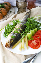 Fried Fish (Seabass) With Asparagus, Arugula And Tomato