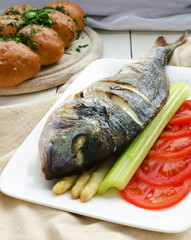 Fried Fish (Dorada) with asparagus, celery and tomato
