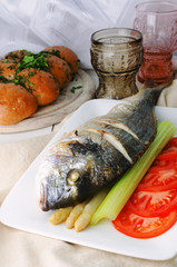 Fried Fish (Dorada) with asparagus, celery and tomato