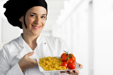 female chef with mediterranean light food