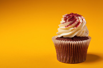 chocolate cupcake with cream isolated on orange background with