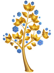golden tree with blue flowers