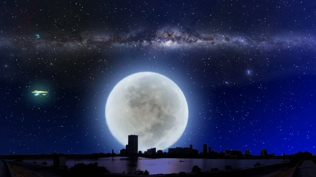 jeddah downtown with ET aircraft and UFO with full moon night