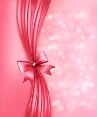 Holiday pink background with gift glossy bow and ribbon. Vector