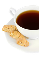 Aromatic cookies cantuccini and cup of coffee isolated on white