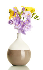 Beautiful bouquet of freesias in vase, isolated on white