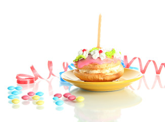 Colorful birthday cake with candle isolated on white