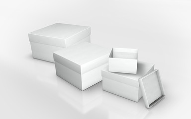 a series of cardboard boxes white, on a white background