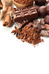 Composition of chocolate sweets, cocoa and spices, isolated