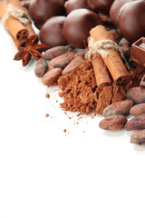 Composition of chocolate sweets, cocoa and spices, isolated