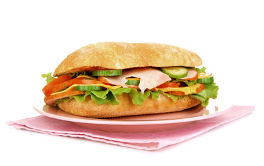 Fresh and tasty sandwich with ham and vegetables isolated
