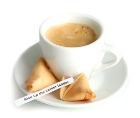 Cup of coffee and fortune cookies, isolated on white