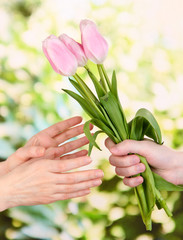 Mans hand giving woman's hand a flower bouquet with tulips,