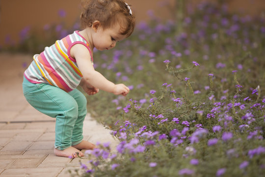 Beautiful baby girl having fun outdoors and picking flowers
