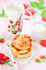 Cottage cheese pancakes with goji berries, selective focus