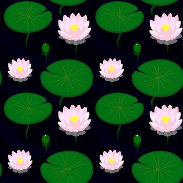 Seamless pattern - Evening pond with lilies, vector illustration