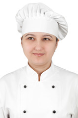 Woman chef in uniform isolated on white background.