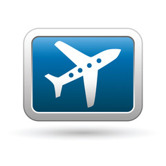 Airplane icon on the blue with silver rectangular button. Vector