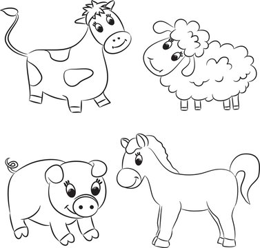 Vector set of outlined cartoon animals.