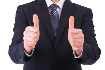 Business man showing thumbs up sign.