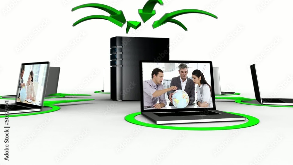 Poster Animation depicting cloud computing connecting laptops to server