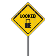 Locked old shabby road sign.