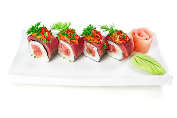 Decorative dish sushi rice salmon raw meat and spices.