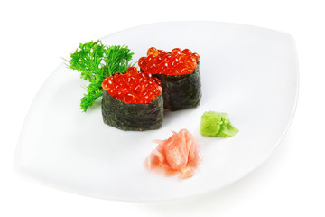 Decorative dish sushi caviar. On a white plate.