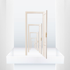 Infinite doors on a shelve. Vector design. 