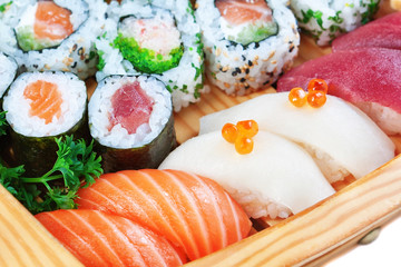 Group of luxury foods, sushi close up.