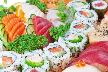 Group of luxury foods, sushi caviar, salmon close up.