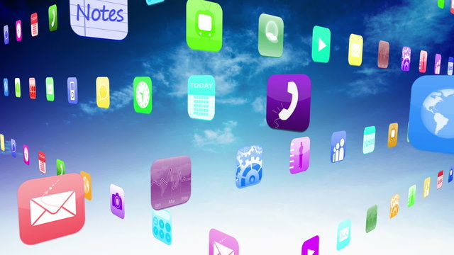 Interlocking application icons on blue sky background