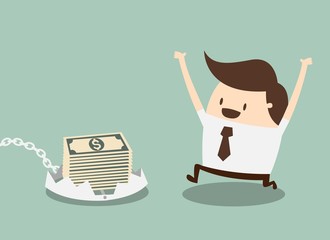 Finance risk concept. young business man look at money on trap.