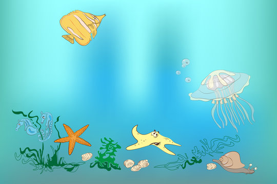 Underwater world: fish, shell, sea horses, starfish, snail, jell