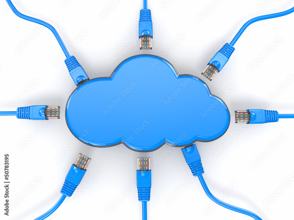 Aufkleber cloud computing concept. rj-45 plugs on white background.