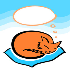 Sleeping ginger cat with a speech bubble dreaming card, vector