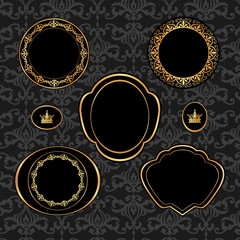 Set of vintage golden frames on gray damask background