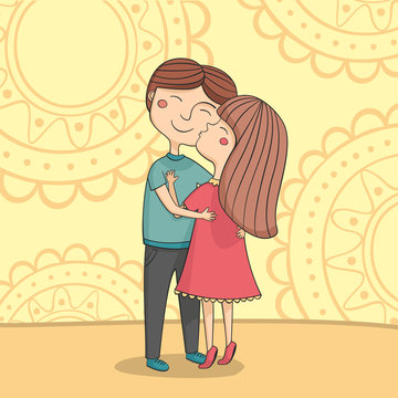 Illustration of multicultural boy and girl kissing on the cheek