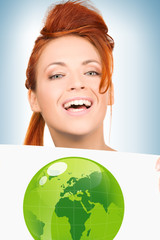 woman with illustration of green eco globe
